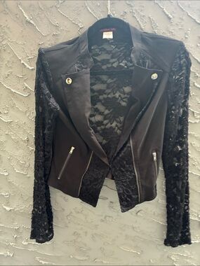 Material Girl Black Lace Sleeve Moto Blazer Retro Sz XS
